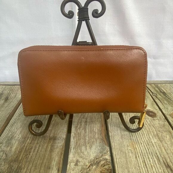 Tory Burch Robinson Zip Continental Wallet Brown Leather Saffiano Logo Gold Hard - Picture 3 of 5